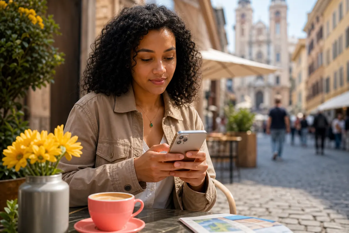 Traveler configuring their smartphone connection settings on a cafe terrace.