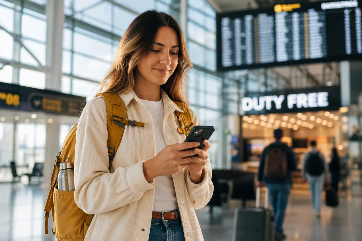 Traveler configuring mobile data on their smartphone in an airport terminal.