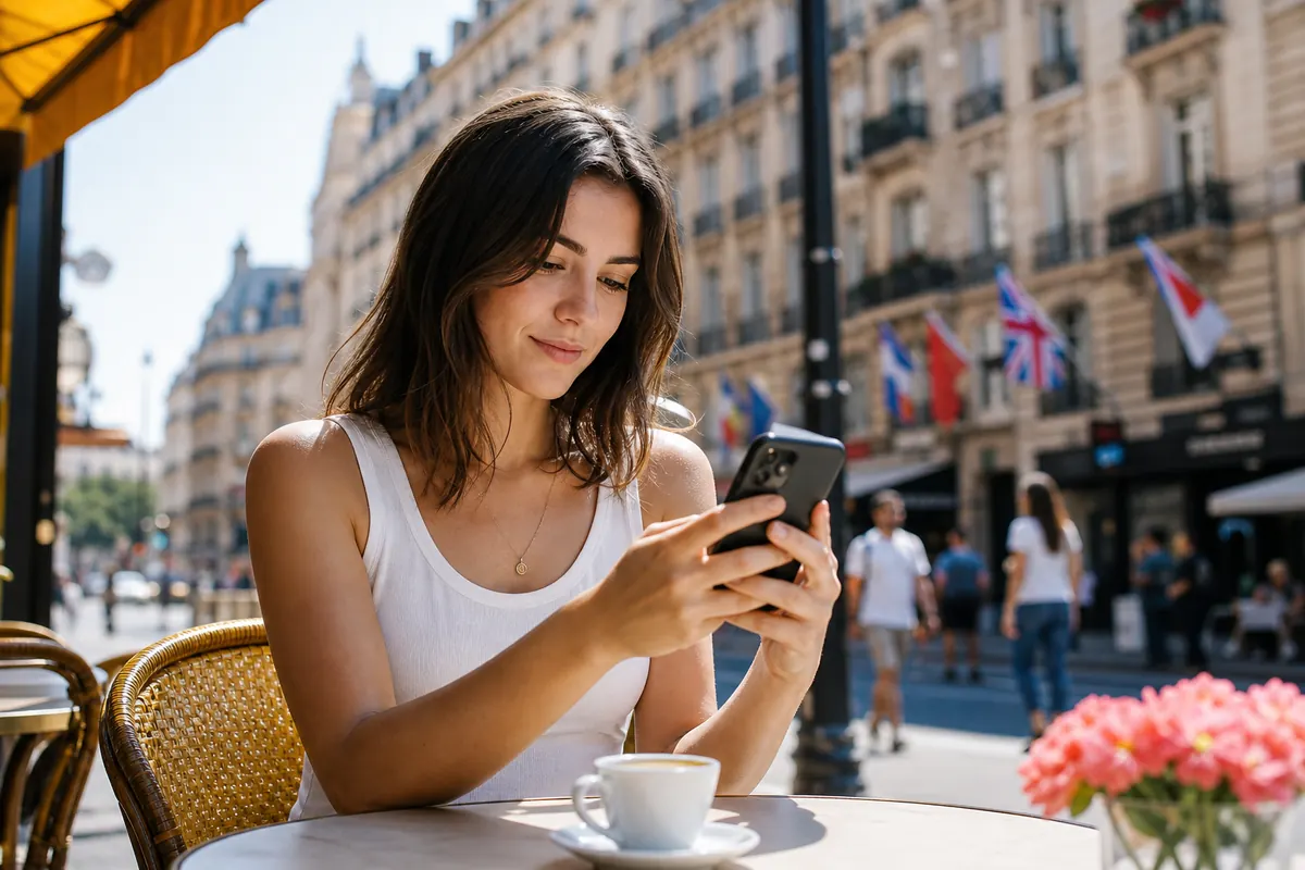 Traveler configuring APN settings on their smartphone at an outdoor cafe