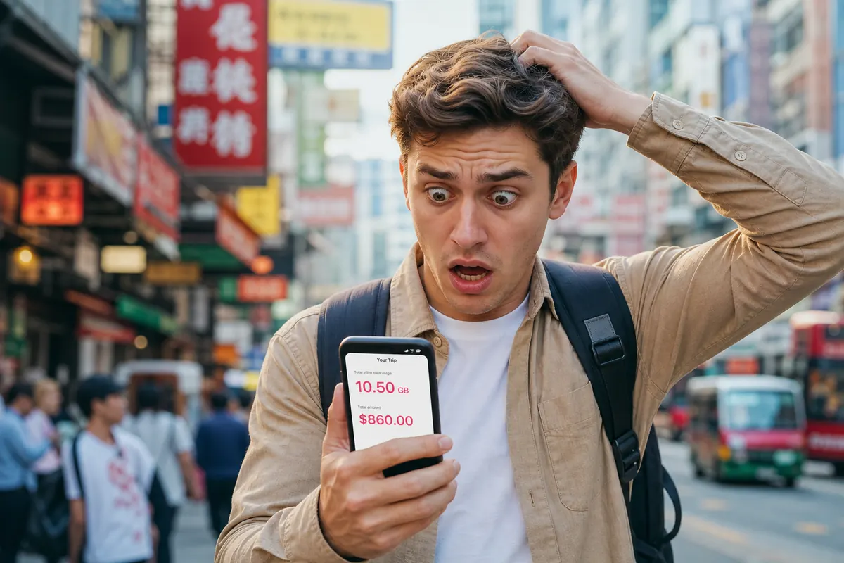Stressed traveler looking at their phone in the city after receiving a massive roaming bill.