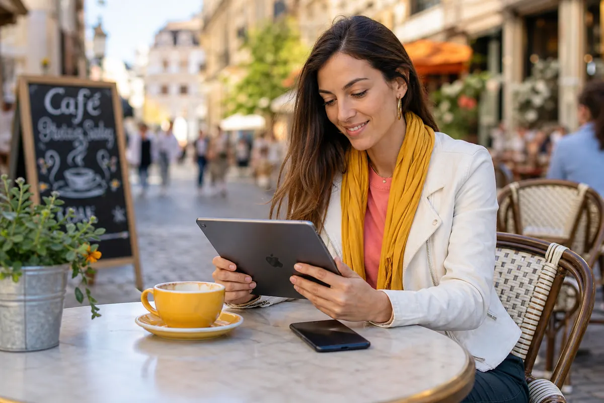 Traveler sitting in a cafe, smiling, using their smartphone as a mobile hotspot for their iPad.