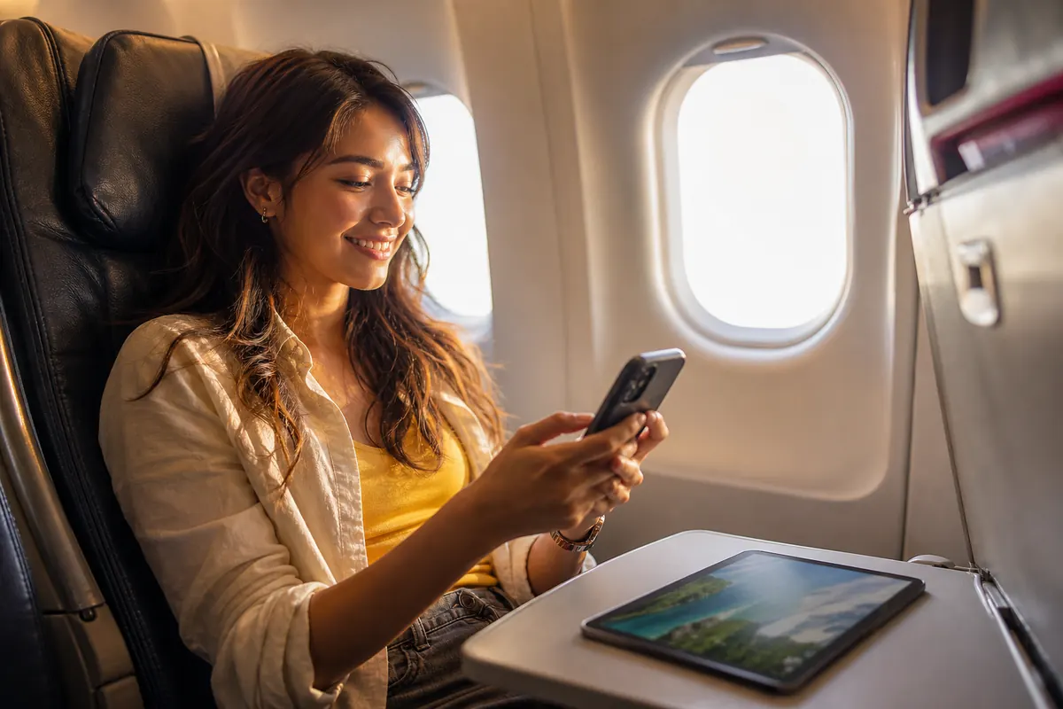 Smiling traveler on an airplane, holding their smartphone and getting ready to activate their eSIM upon landing.