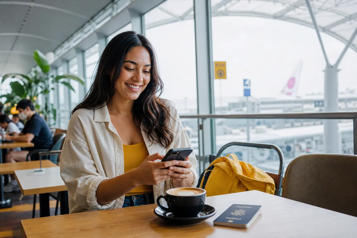 Connected traveler checking their phone while sitting with luggage during an airport layover.