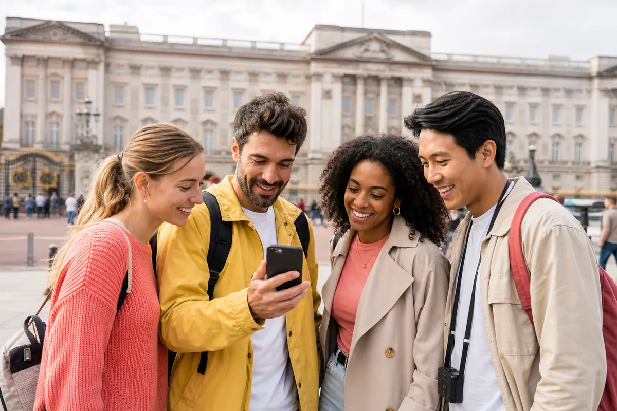 Voyageurs connectés consultant un smartphone devant le palais de Buckingham.