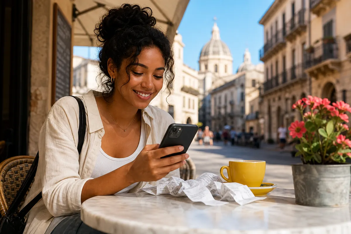Voyageur détendu regardant son smartphone près de notes de frais papier.