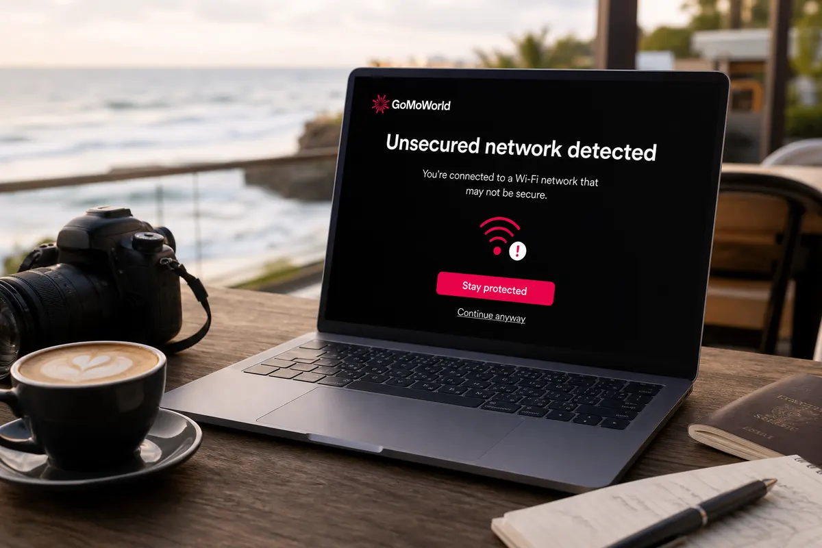 A laptop screen showing a network security alert, resting on an airport lounge table