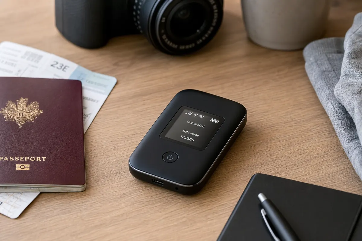 A black Pocket Wi-Fi device on a desk next to a passport and a boarding ticket
