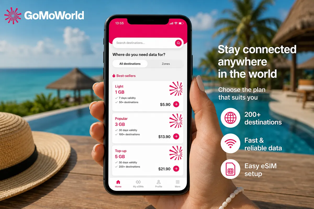 A screenshot of the GoMoWorld app showing the three pricing tiers 3GB, 10GB, and 25GB