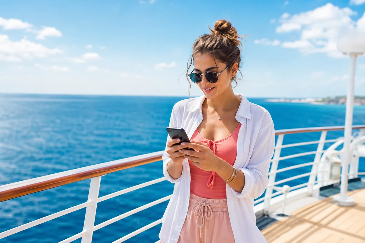 Voyageur détendu sur un navire de croisière consultant son smartphone.