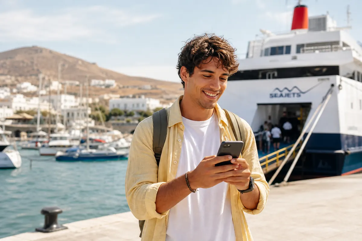 Voyageur activant son forfait eSIM sur smartphone lors d'une escale maritime.
