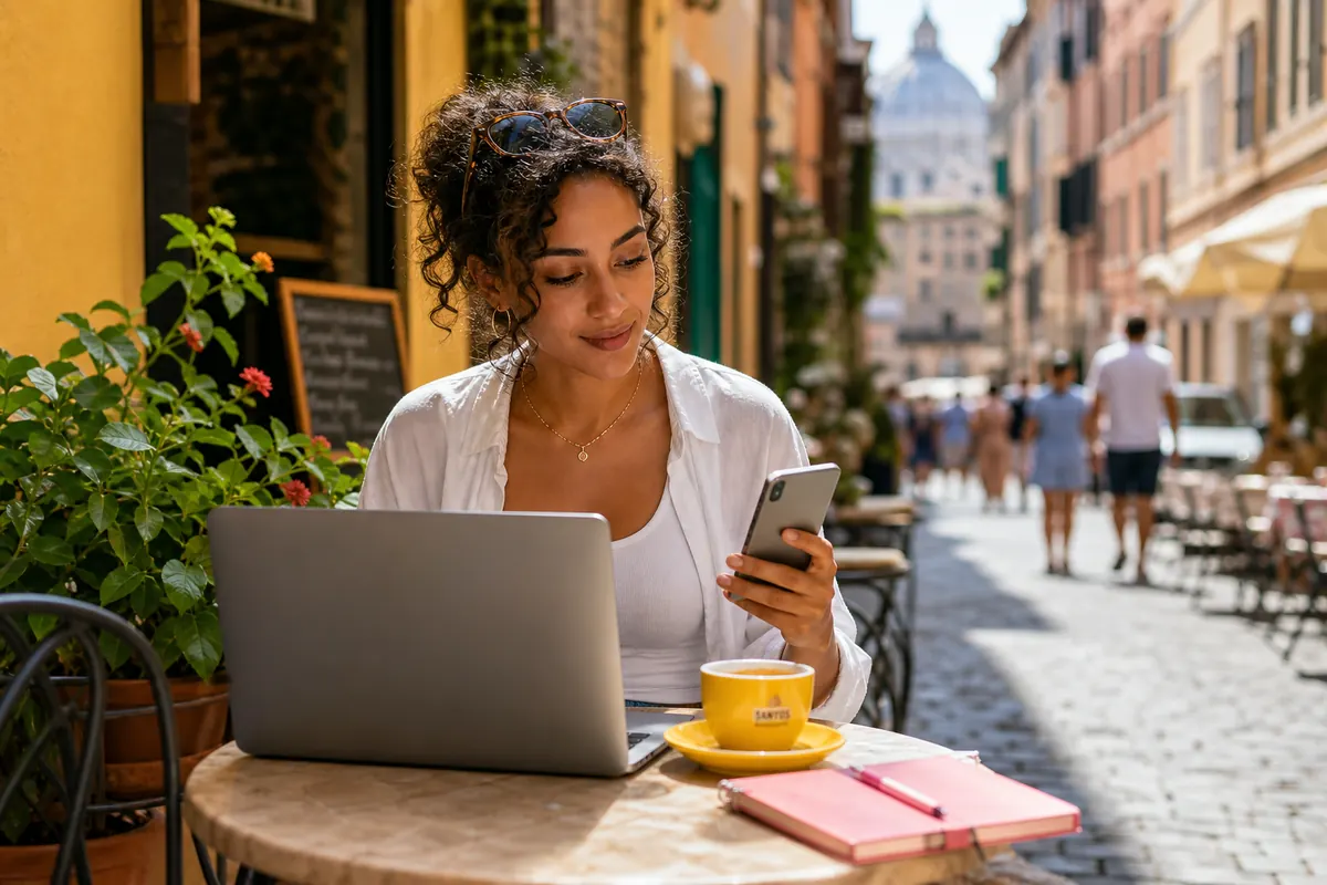 Étudiant connecté sur ordinateur et smartphone dans un café en Italie.