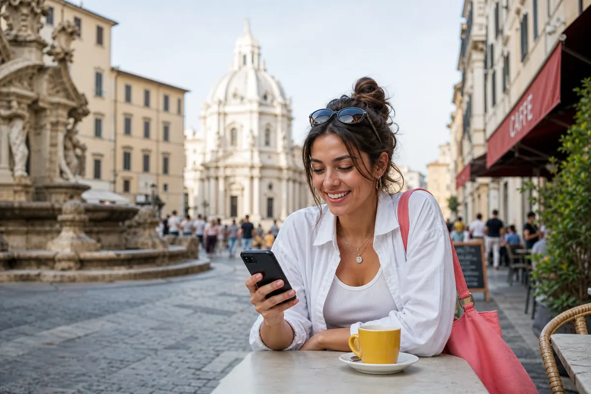 Étudiant Erasmus en Italie utilisant son smartphone avec forfait eSIM.