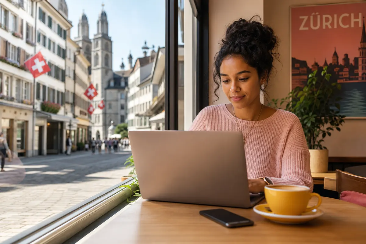 Étudiant utilisant le partage de connexion dans un café à Zurich.