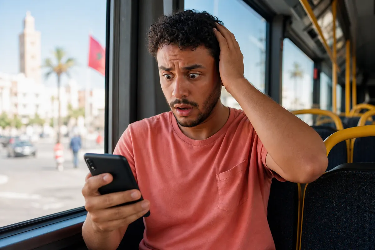 Voyageur inquiet face aux frais d'itinérance sur son smartphone au Maroc.