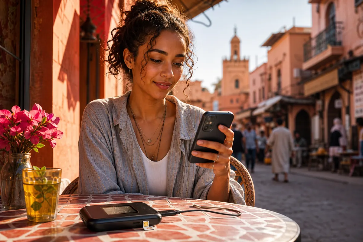 Étudiant voyageur au Maroc avec smartphone, pocket wifi et carte SIM.