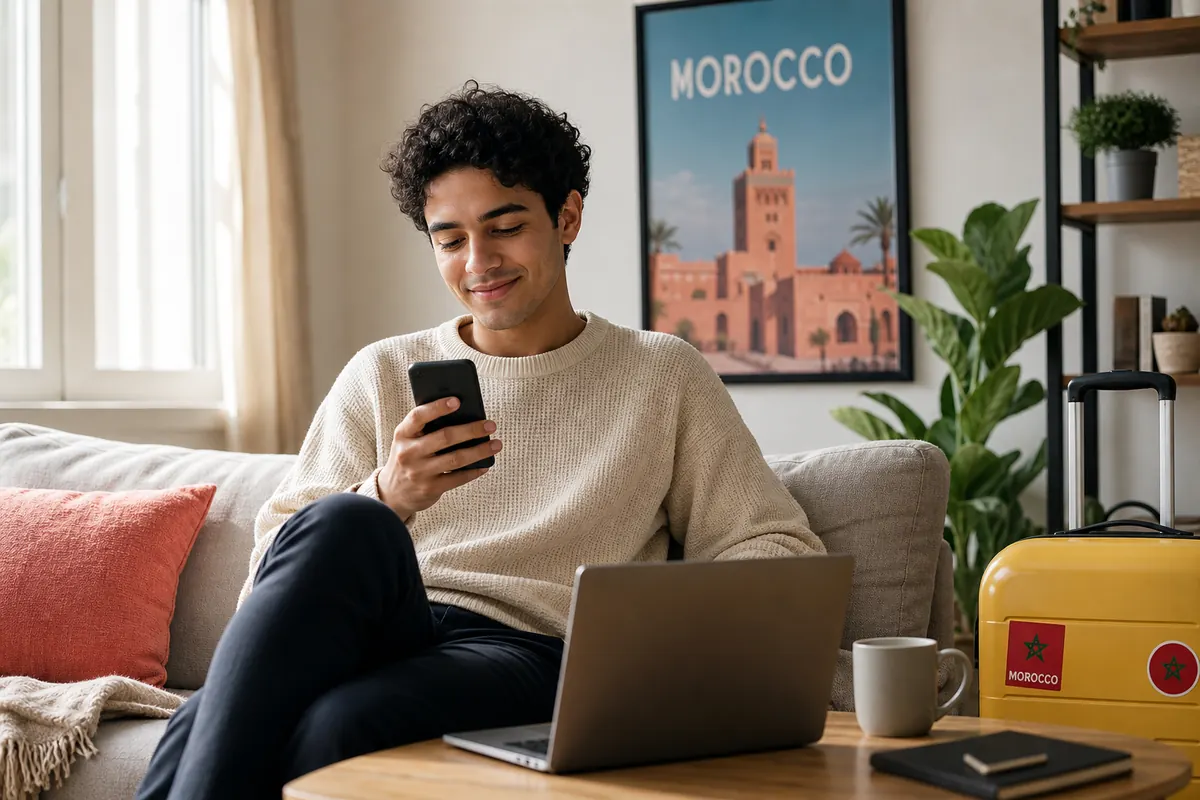 Étudiant préparant sa connexion internet pour le Maroc sur smartphone.