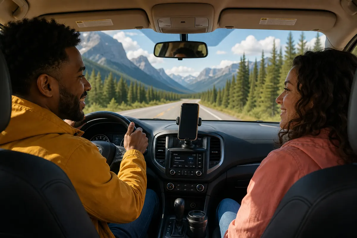 Smartphone on dashboard during a road trip in Canada