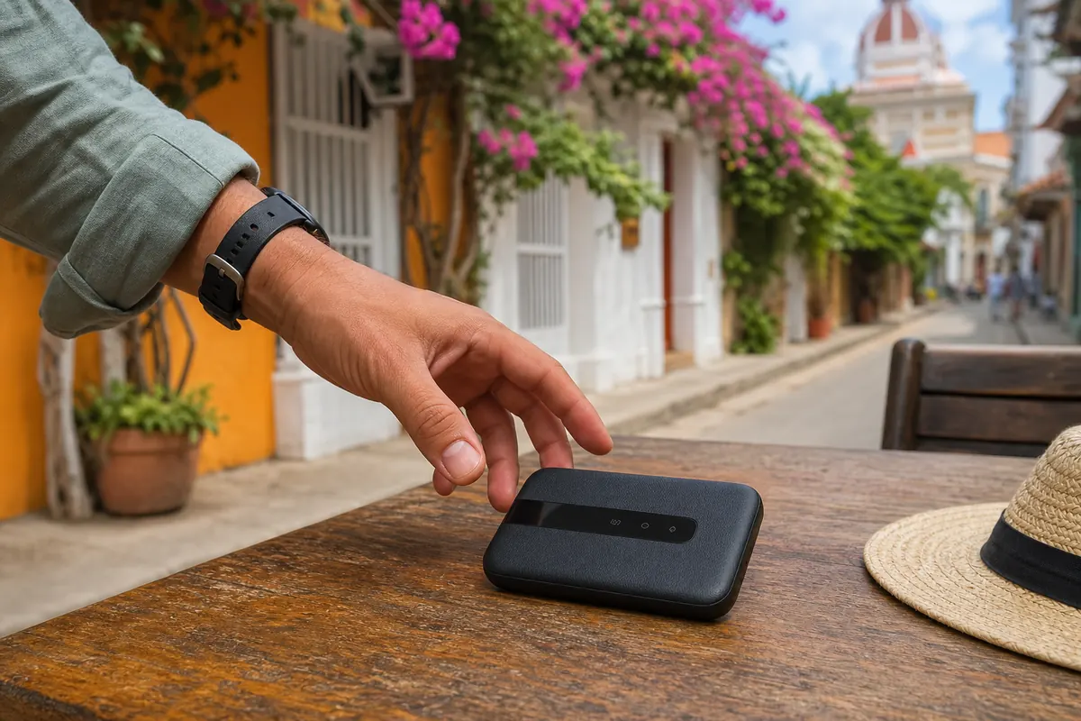 Traveler easily using a smartphone with an eSIM abroad.