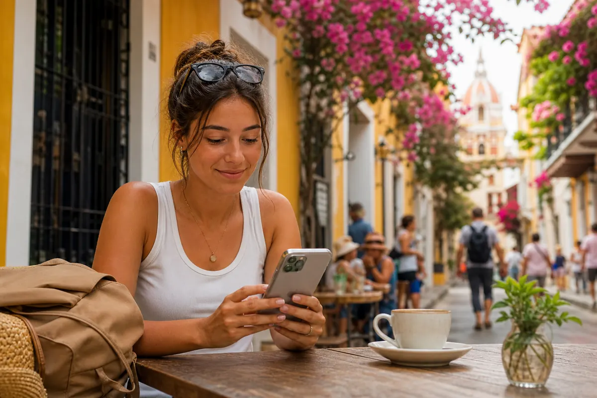 Young female traveler in Colombia easily setting up an eSIM plan on her smartphone.