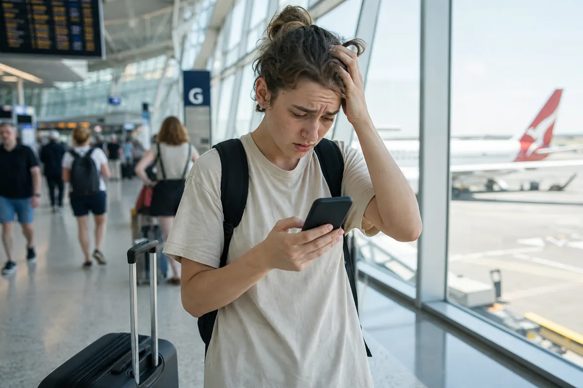 Frustrated traveler with no internet connection in a van in Sydney.