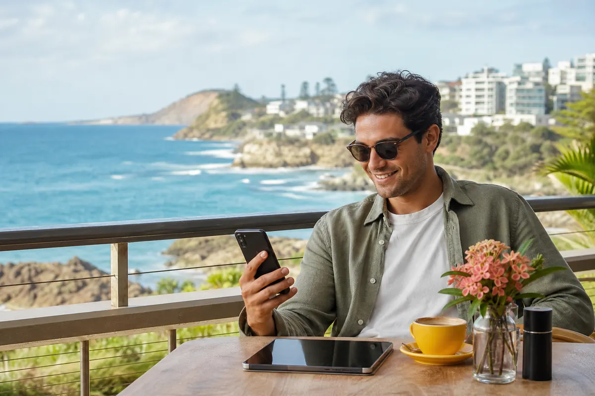 Traveler using an eSIM on a smartphone in an Australian café.