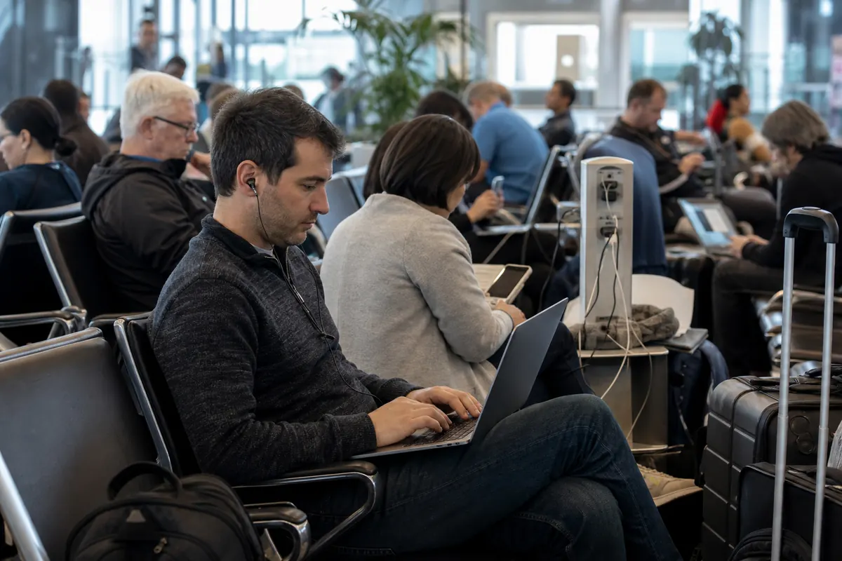 Business traveler frustrated by a WiFi connection problem at the airport.