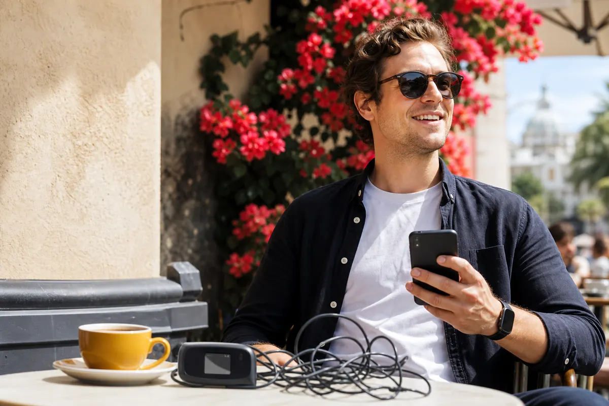 Business traveler using an eSIM on a smartphone, without a bulky pocket WiFi.