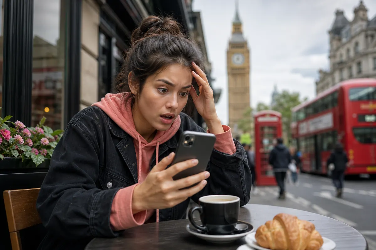 Young traveler shocked by roaming charges on smartphone.