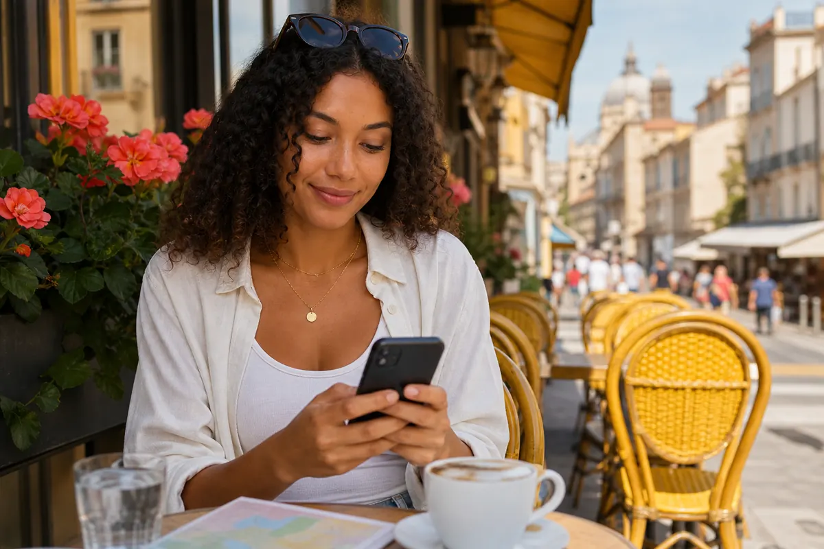 Relaxed traveler using smartphone abroad with data eSIM.