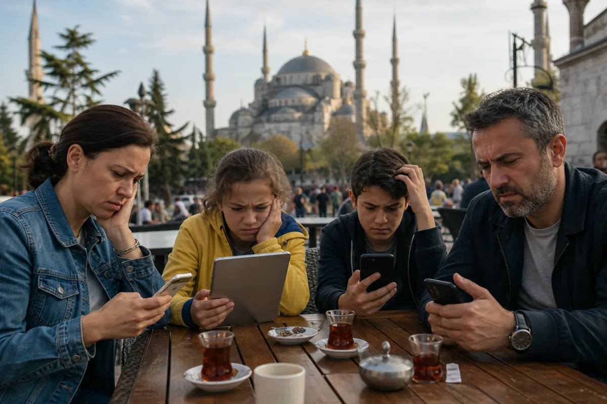 Family sharing a mobile internet connection across multiple devices in Turkey.