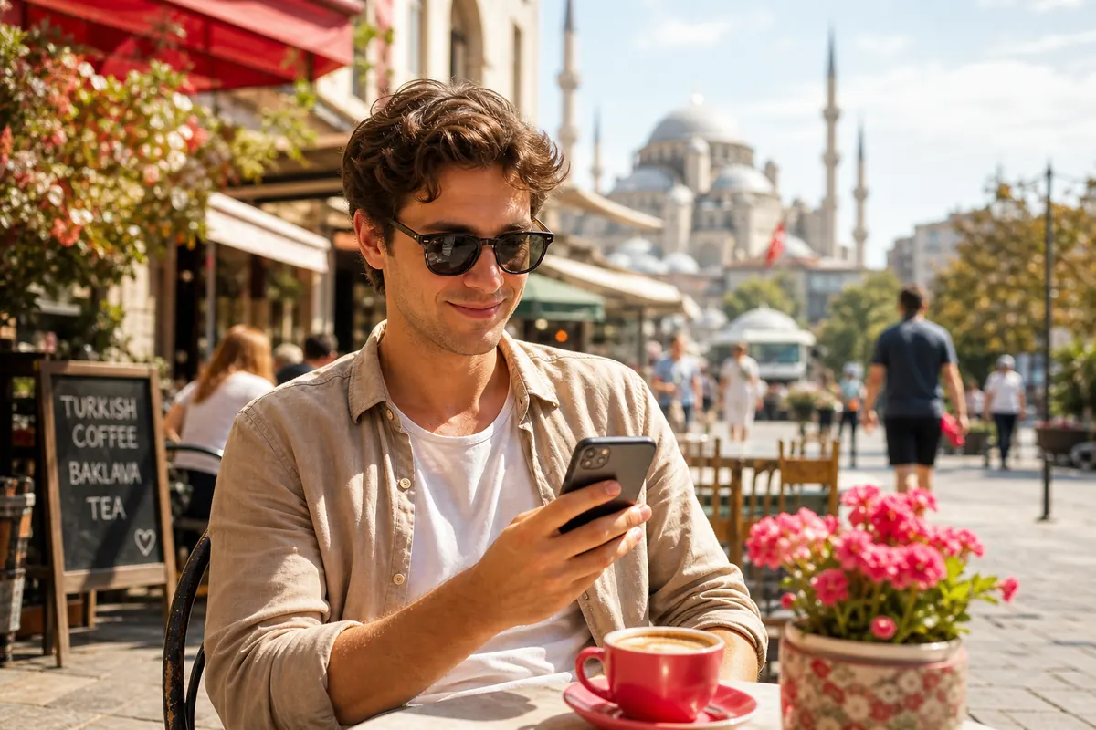 Traveler easily connecting their smartphone to the internet in a cafe in Turkey.
