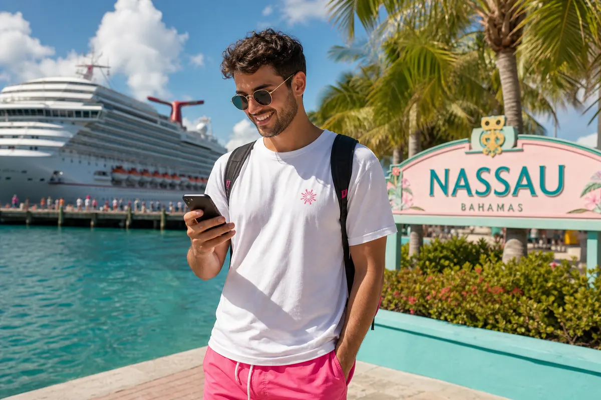 Cruise passenger connected on their smartphone at the port of Nassau.