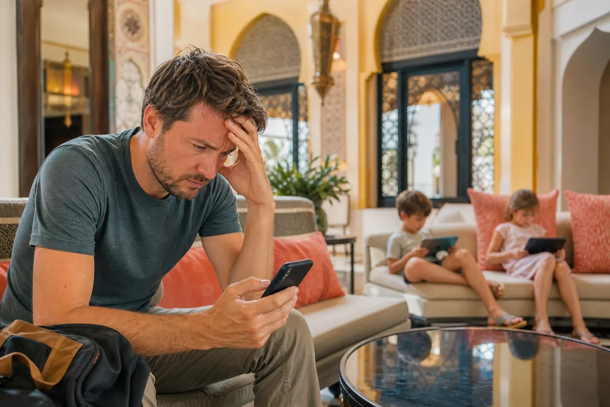 Stressed parent looking at their smartphone in a hotel in Morocco