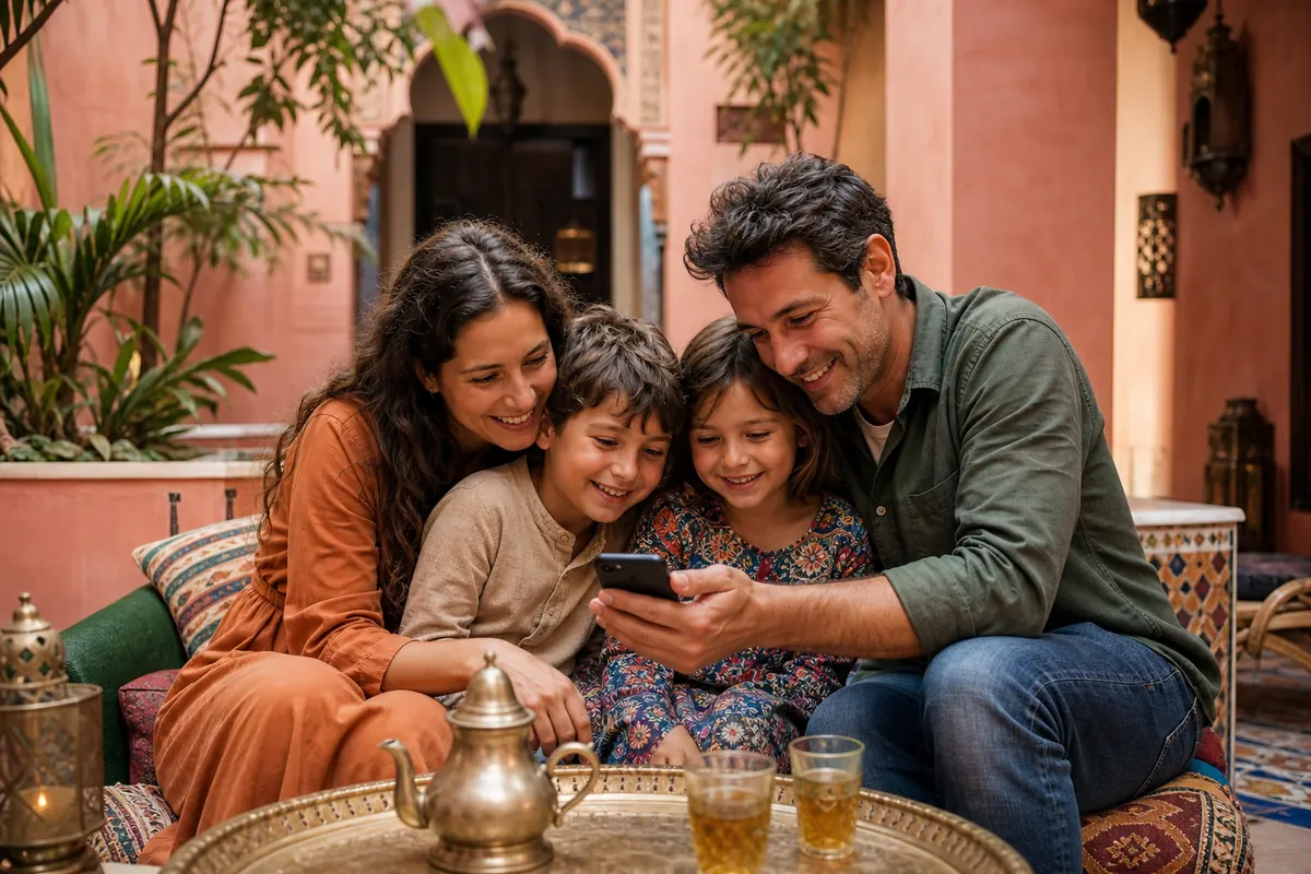 Family using a smartphone as a hotspot during a trip to Morocco.