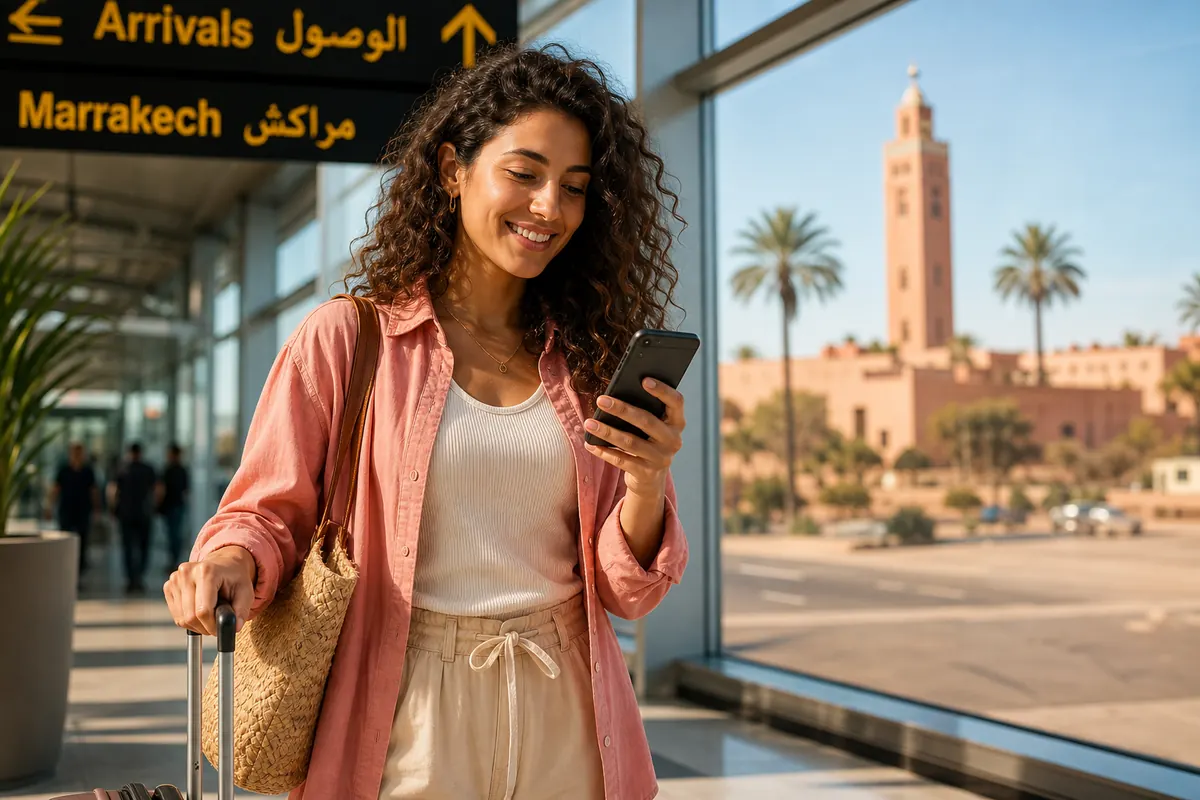 Traveler using their smartphone right after arriving at Marrakech airport.