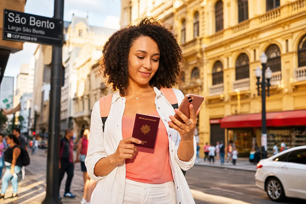 Young traveler with a French passport using a smartphone in São Paulo