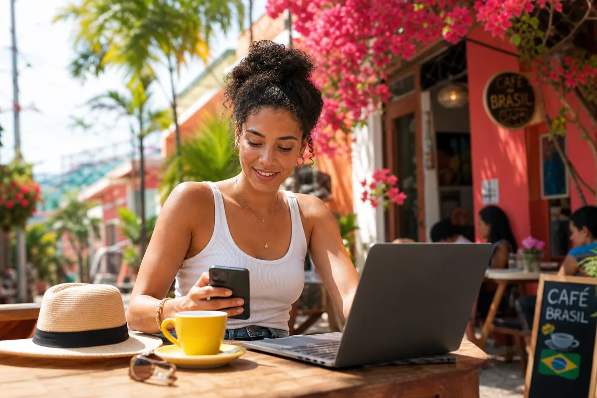 Traveler looking for accommodation on a laptop in a Brazilian cafe