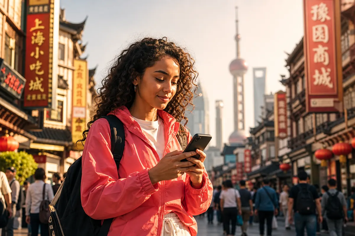 Traveler checking his smartphone to navigate a Chinese city.