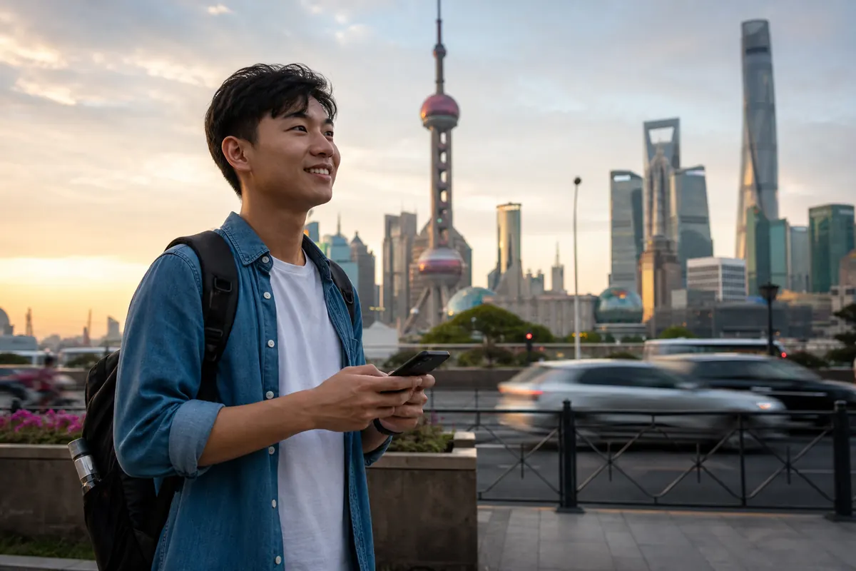 Relaxed traveler using a smartphone in China thanks to an eSIM.