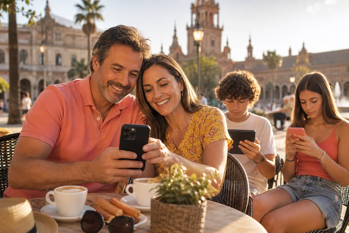 Family consuming mobile data on smartphones while traveling in Spain.