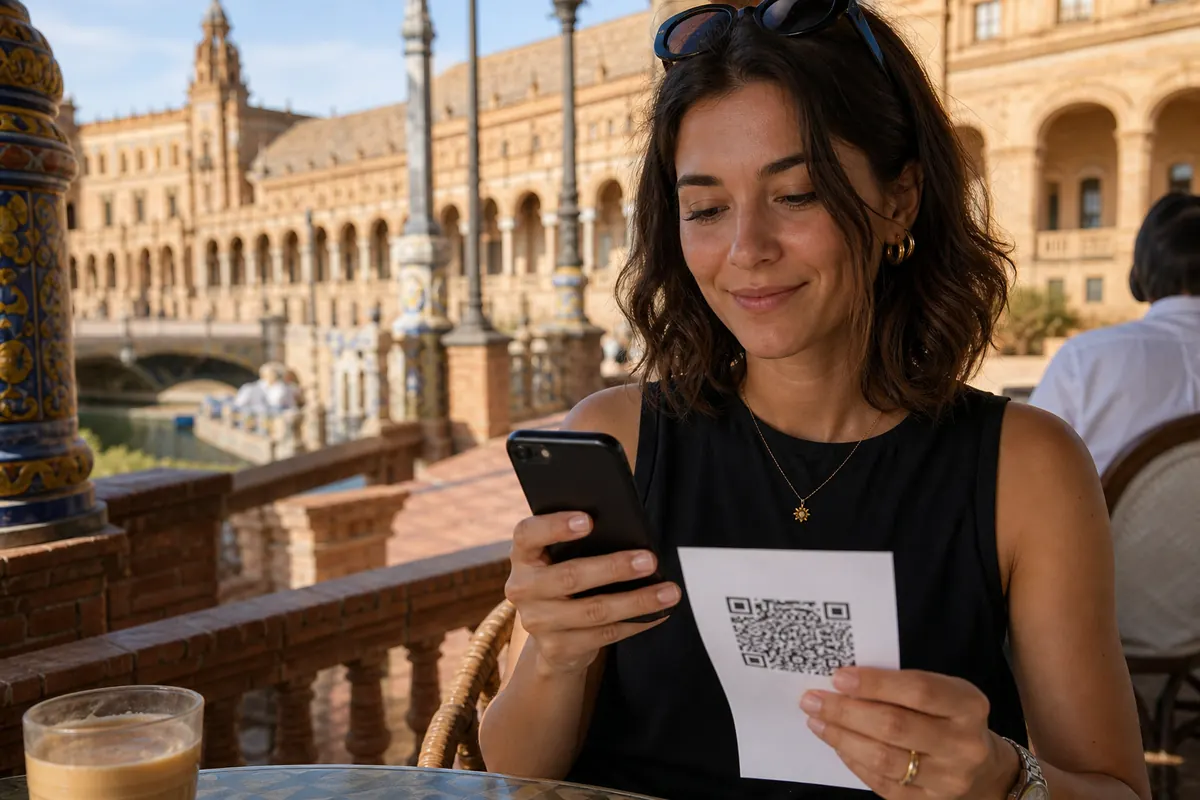 Relaxed family using an eSIM on a smartphone during a trip to Spain.