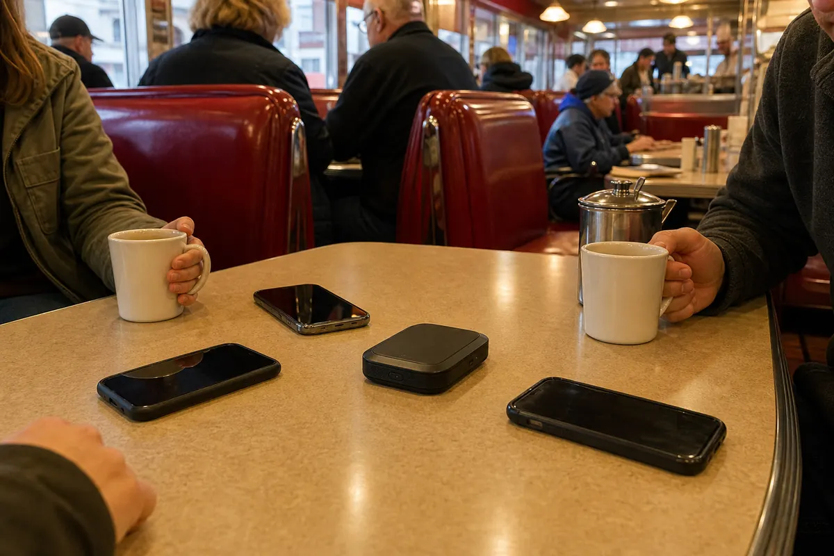 Pocket WiFi device and smartphones on a table at an American diner.