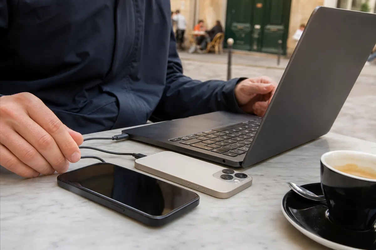 Mobile internet hotspot sharing between travelers using an eSIM.