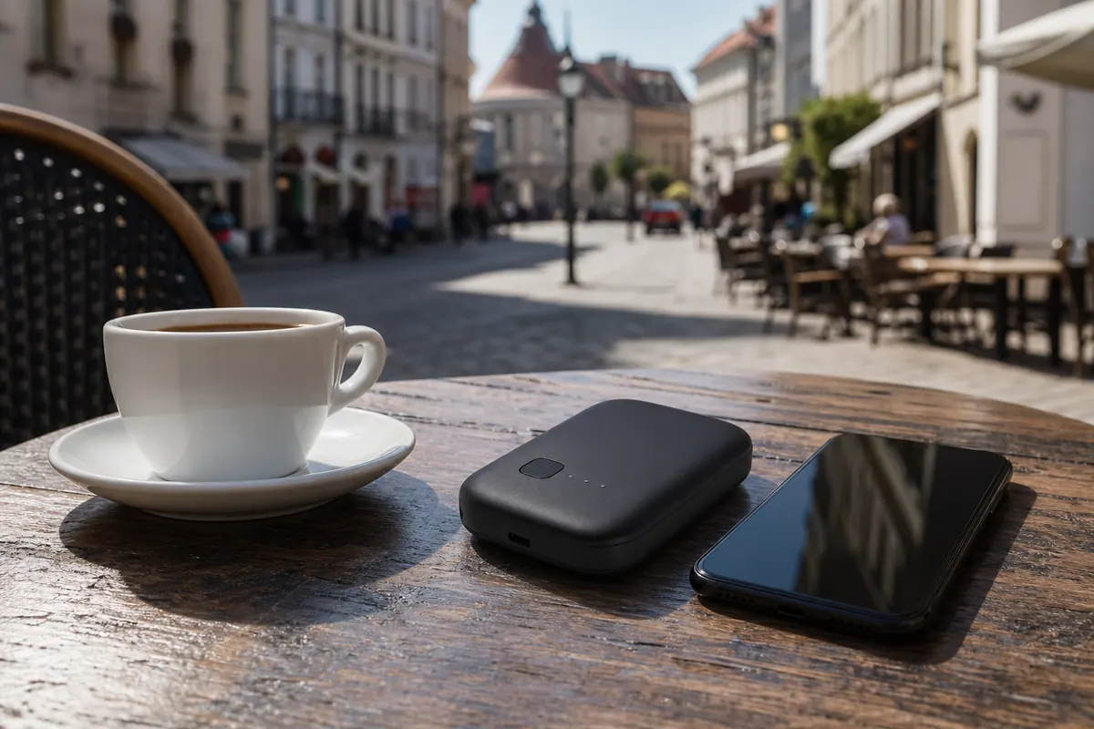 Pocket WiFi and smartphone placed on a cafe table while traveling.