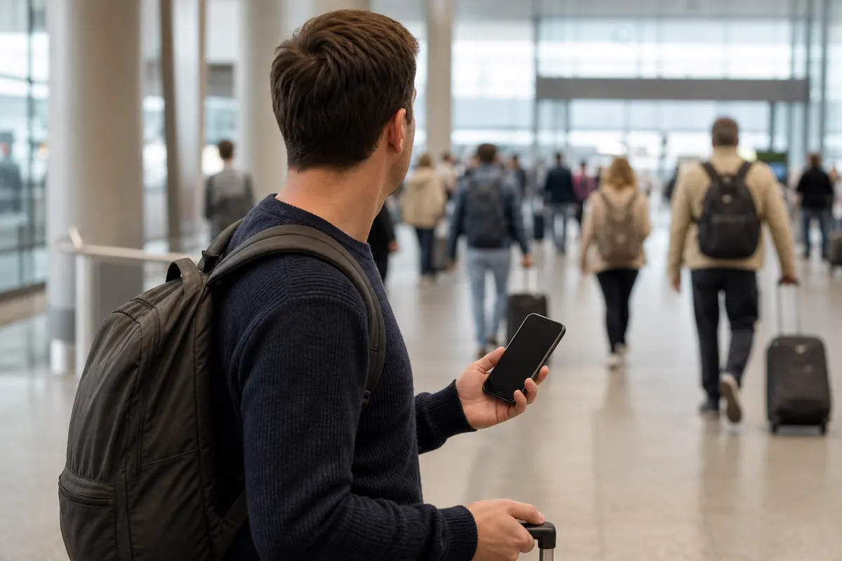 Traveler configuring data roaming on a smartphone abroad.