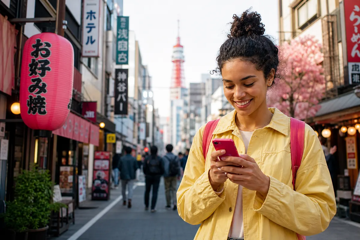 Relaxed traveler checking their smartphone on a street in Japan.