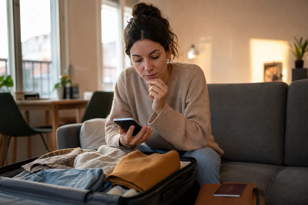 Traveler in Japan calmly using their smartphone without roaming fees.