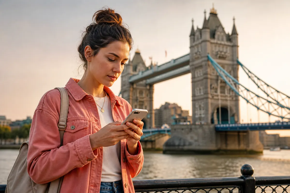 A traveler checking their smartphone in front of Tower Bridge in London