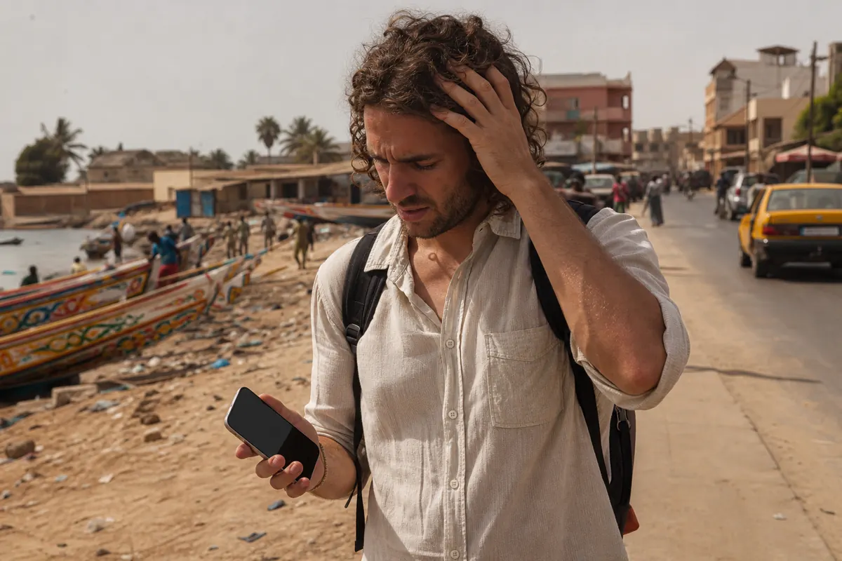 Tourist sitting at a cafe in Saly, Senegal, confidently using a smartphone without worrying about roaming charges.