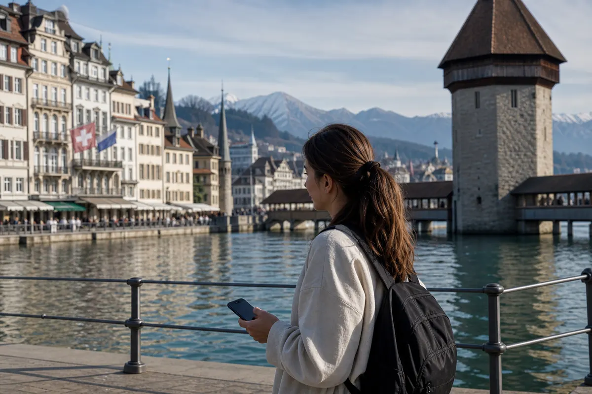 Traveler using their smartphone to navigate and listen to music.